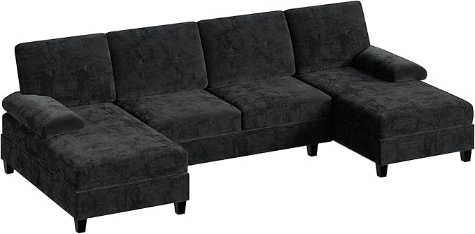 Shintenchi U-Shaped Sectional Couches for Living Room, 4 Seat Sofa with Double Chaise Lounges,Solid Wood Frame Sectional Sofa for Apartment,Black