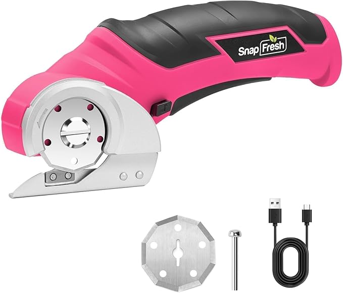 SnapFresh Cordless Electric Scissors, 4V Rechargeable Electric Box Cutter for Cardboard Boxes, Carpet & Paper, Rotary Cutter for DIY Projects, Safety Box Cutter with Battery & Type-C Cable (Hot Pink)