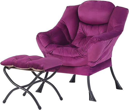 Welnow Lazy Chair with Ottoman, Modern Accent Chair with Armrests and a Side Pocket, Leisure Sofa Armchair Set, Reading Armchair with Footrest for Small Space, Dark Purple