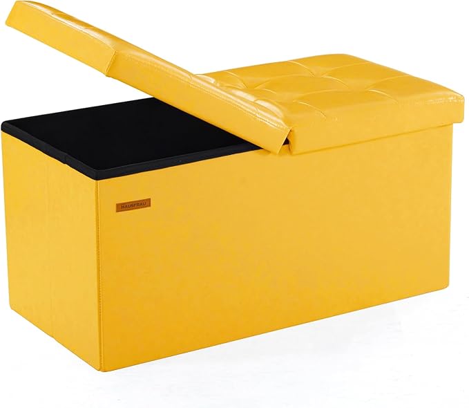 HAUSFRAU - 30 Inches Storage Ottoman Bench with Flipping Lid, Foldable Storage Chest Foot Rest for Living Room, Bedroom, Entryway, Load 660 lb, Synthetic Leather, Yellow