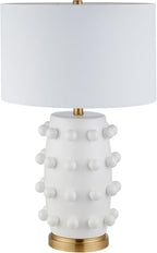 Henn&Hart 25.5'' Modern 1-Light Ceramic Table Lamp with Spherical Orbs on Lamp Body with White Fabric Drum Shade for Living Room, Bedroom, or Office, Matte White