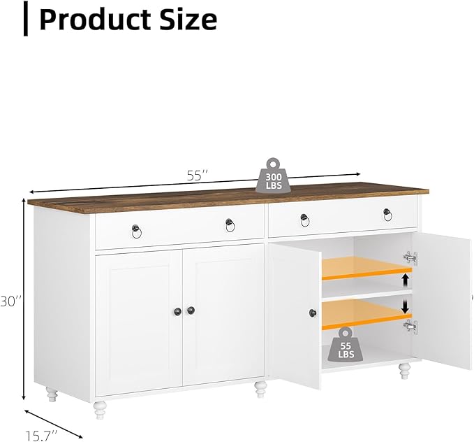 4 EVER WINNER Buffet Cabinet with Storage, 55'' Large Farmhouse Storage Cabinet with 2 Drawers and 4 Doors, Coffee Bar Cabinet with Adjustable Shelves for Kitchen, Dining Room, White