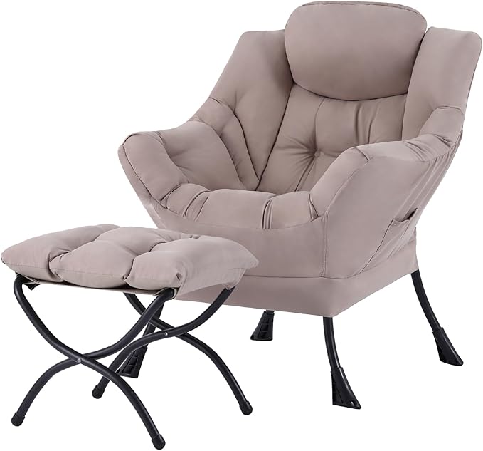 Tiita Lazy Chair with Ottoman, Khaki Modern Large Accent Chair, Comfy Leisure Sofa Armchair with Ottoman, Reading Chair with Footrest for Bedroom, Living Room, Dorm Rooms, Khaki