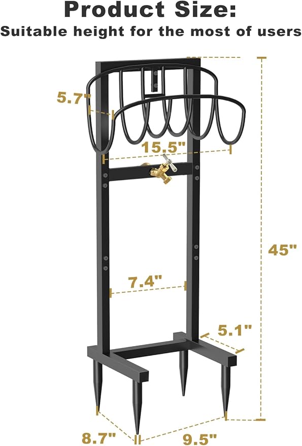 Outdoor Garden Hose Holder Freestanding with Brass Faucet And 4 Spikes, Heavy Duty Metal Water Hose Reel Stand Hanger Rack Organizer Holds Storage 150ft Hose for Outside Yard Lawn, Black