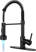 DJS Kitchen Faucets with Pull Down Sprayer LED Light Single Handle 1 or 3 Holes Spring Kitchen Sink Faucet with Deck Plate for Farmhouse RV Vessel Basin