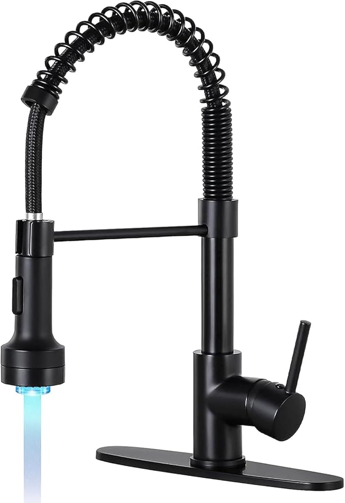 DJS Kitchen Faucets with Pull Down Sprayer LED Light Single Handle 1 or 3 Holes Spring Kitchen Sink Faucet with Deck Plate for Farmhouse RV Vessel Basin