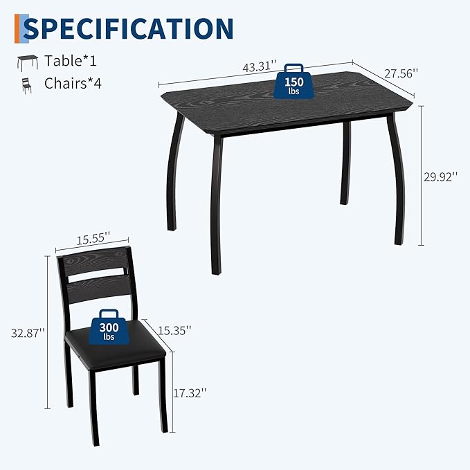 IDEALHOUSE Dining Table Set for 4 Modern Kitchen Table and Chairs Set with Chamfered Edges Cushioned Seats Space-Saving Metal Frame Compact Breakfast Nook (Soft Seat Black Tube + Black)