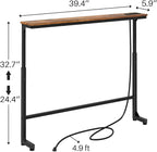 Kitstorack Narrow Console Table Behind Sofa Couch, Design with Adjustable Height (25"-33") & Power Outlets, Small Entryway Table - 5.9" D x39.4 L, Rustic Brown