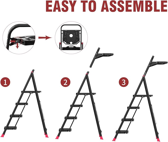 4 Step Foldable Step Ladder with Roomy Tool Tray, Platform Ladders Stepstools, Step Stool 4 Step Folding with Wide Non-Slip Pedals and 800lbs Bearing Capacity for Adults, Home, Kitchen, Black Red