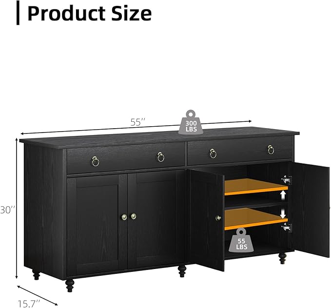 4 EVER WINNER Buffet Cabinet with Storage, 55" Black Sideboard Buffet Cabinet with Drawers and Doors, Coffee Bar for Dining Room