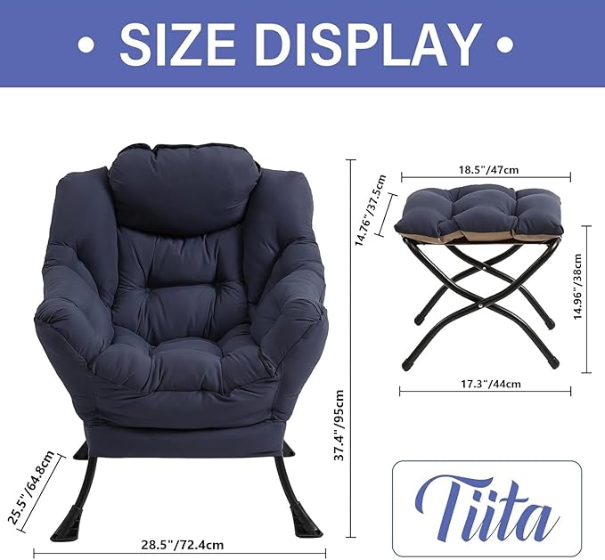 Tiita Lazy Chair with Ottoman, Navy Modern Large Accent Chair, Comfy Leisure Sofa Armchair with Ottoman, Reading Chair with Footrest for Bedroom, Living Room, Dorm Rooms, Navy
