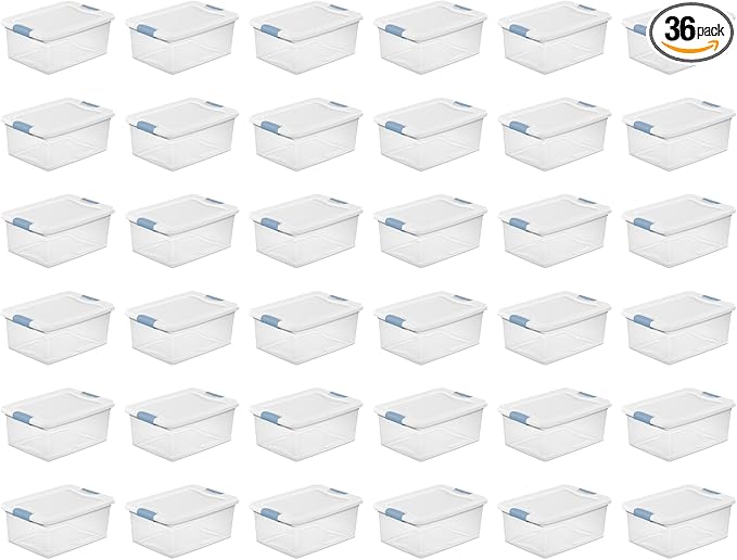 Sterilite 36-Pack Latching Box, Under Bed Storage Bins with Lids, Clear Plastic, 15 Quart - Heavy-Duty Organizing Containers for Closet, Bathroom, and Office