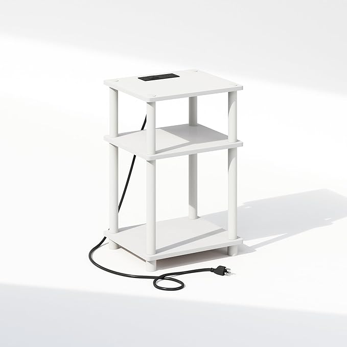 Furinno JUST Night Stand, 3-Tier Turn-N-Tube Nightstand with Charging Station, Bedside Table, End Table, Side Table with USB and Type-C Charging Port, for Bedroom, Closet, Dorm, White