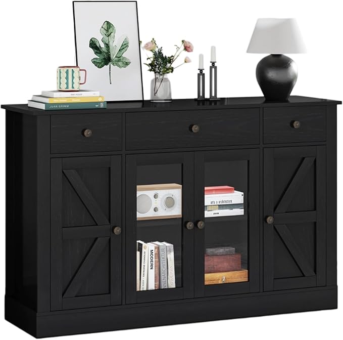 4 EVER WINNER 55" Coffee Bar with 4 Glass Doors and 3 Drawers, Sideboard Buffet Cabinet with Storage, Farmhouse Coffee Bar Cabinet with Adjustable Shelves for Kitchen, Dining Room, Black