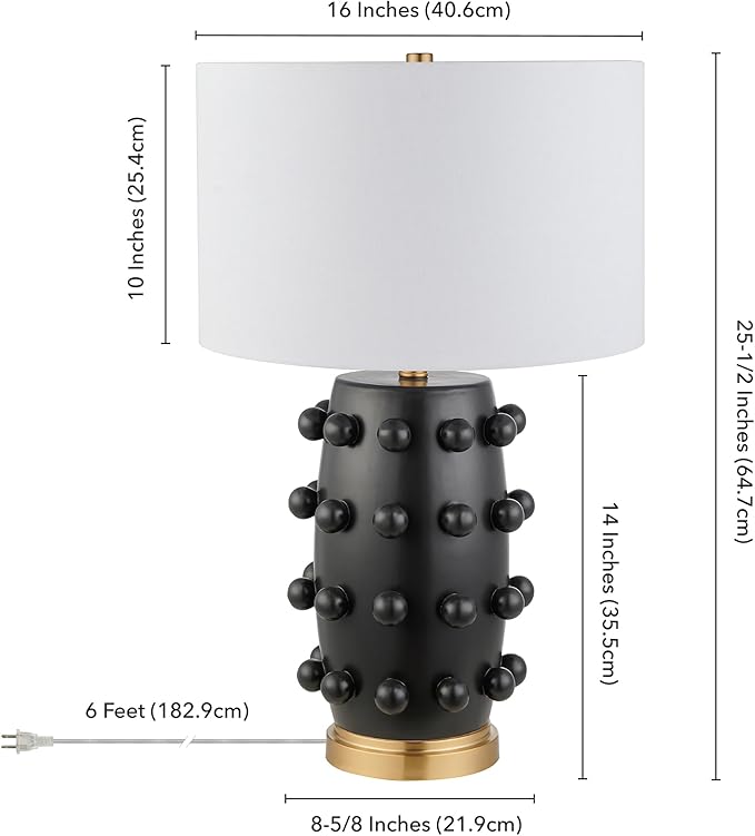 Henn&Hart 25.5'' Modern 1-Light Ceramic Table Lamp with Spherical Orbs on Lamp Body with White Fabric Drum Shade for Living Room, Bedroom, or Office, Matte Black