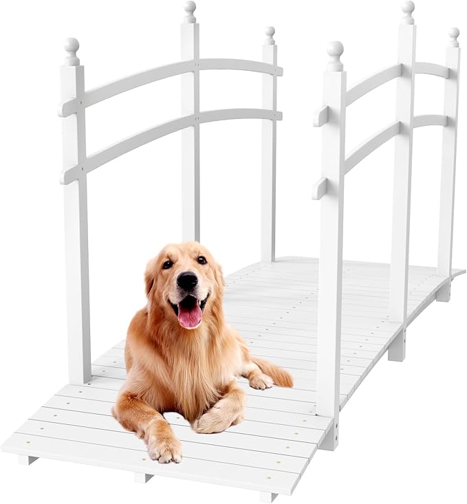 VINGLI Garden Bridge, Classic Wooden Bridge with Safety Rails, Decorative Arhced Footbridge for Patio Pond, Creek, Pathway (White, 7.5 ft)
