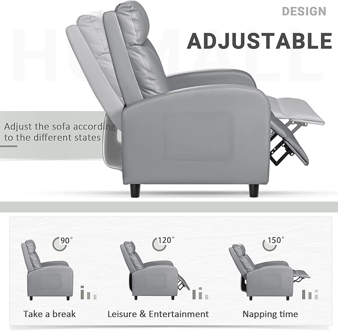 Homall Recliner Chair, Recliner Sofa for Adults, Recliners Home Theater Seating with Lumbar Support, Reclining Sofa Chair for Living Room (Leather, Grey)