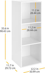 Whitmor 3 Cube Bookcase, 3 Tier Stackable MDF Bookself, Open Storage Display Organizer, Storage Cabinet for Living Room, Bedroom, Home, Office, 12.2" L x 11.7" W x 35.6" H, White