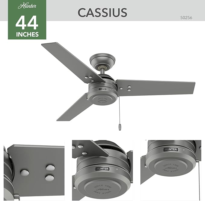 Hunter 44 inch Outdoor or Indoor Ceiling Fan No Light - Ceiling Fan without Light, For Patio, Porch, Garage, or Living Room, Standard Mount, 3 Blades, Pull Chain - Cassius 50256, Matte Silver