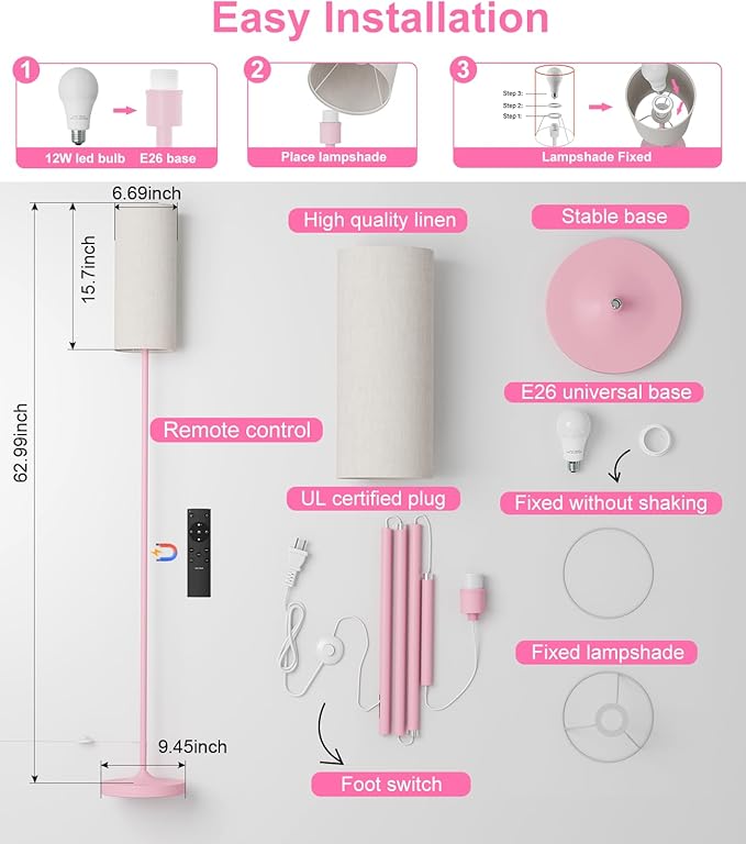 luckystyle LED Floor Lamp for Living Room, Dimmable Tall Lamps with Foot Switch,Remote Custom Color Temperature Pink Pole Lamp with Lampshade,12W Led Bulb Standing Lamps for Bedroom Office Kid Room