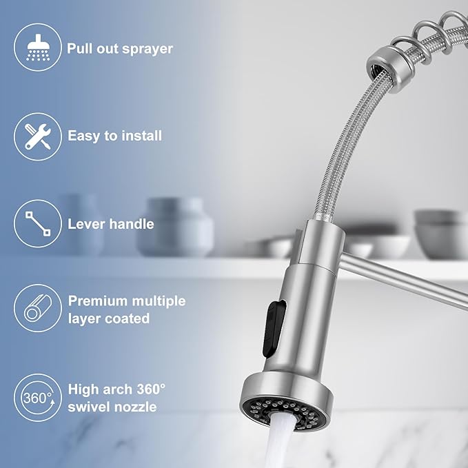 DJS Kitchen Faucets with Pull Down Sprayer Brushed Nickel High Arc Single Handle 1 or 3 Holes Spring Kitchen Sink Faucet with Deck Plate for Farmhouse RV Vessel Basin