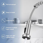 DJS Kitchen Faucets with Pull Down Sprayer Brushed Nickel High Arc Single Handle 1 or 3 Holes Spring Kitchen Sink Faucet with Deck Plate for Farmhouse RV Vessel Basin