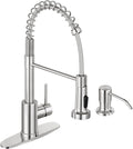DJS Kitchen Faucets with Soap Dispenser - Dual Mode Setting Single Handle 1 or 3 Holes Commercial Black Kitchen Sink Faucet with Deck Plate for Farmhouse RV Vessel Basin (Brush Nickel)