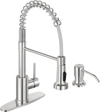 DJS Kitchen Faucets with Soap Dispenser - Dual Mode Setting Single Handle 1 or 3 Holes Commercial Black Kitchen Sink Faucet with Deck Plate for Farmhouse RV Vessel Basin (Brush Nickel)