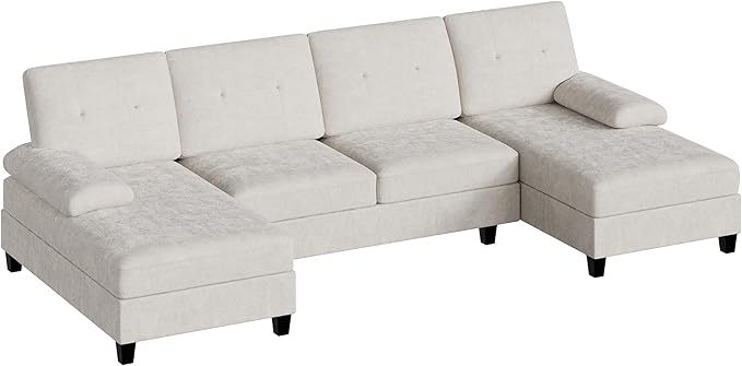 Shintenchi U-Shaped Sectional Couches for Living Room, 4 Seat Sofa with Double Chaise Lounges,Solid Wood Frame Sectional Sofa for Apartment,White