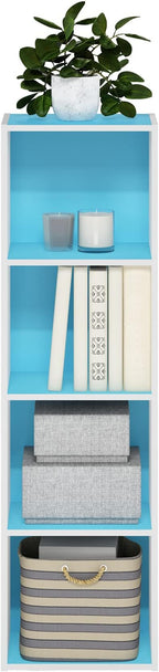 Furinno PASIR Book Shelf, 4-Tier Modern Bookshelf, Open Shelves Bookcase 9 x 12 x 42, Easy Assembly, for Living Room, Bedroom, Home Office, Light Blue/White