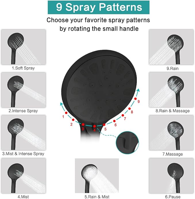 Shower Head, 8‘’ High Pressure Rainfall Shower Head/Handheld Shower Combo with 11'' Extension Arm, 9 Settings Anti-leak Shower Head with Holder, Height/Angle Adjustable, Matte Black