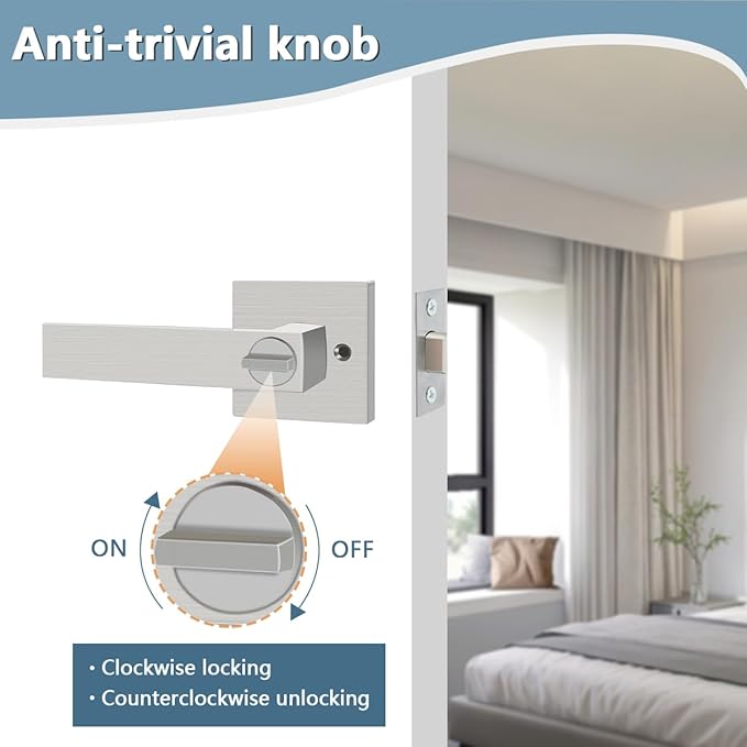 KAMOTA Privacy Door Levers, 5 Pack Satin Nickel Door Handles Bed and Bath Door Locks Interior Keyless Locksets, Left and Right Hand Reversible