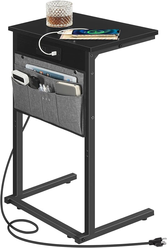 HOOBRO C Shaped End Table with Charging Station, 28" Tall Couch Table for Couch and Recliner for Small Spaces, Slide Under Sofa Table TV Tray with Storage Bag for Living Room, Black BB70USF01