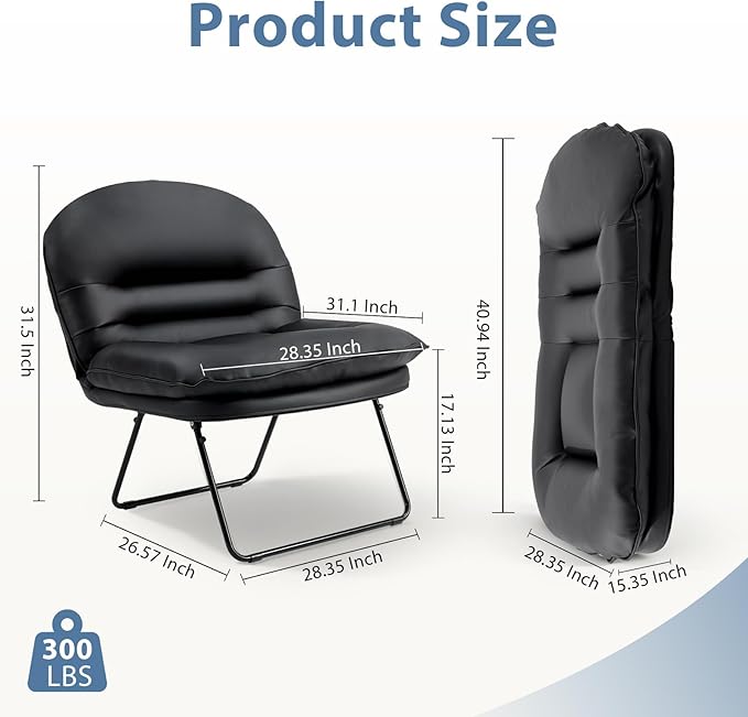 DUMOS Comfy Saucer Chair,PU Leather Foldable Chairs for Bedroom, Dorm & Gaming, Foldable Fashion Floor Chair with Back Support for Small Spaces, New Black