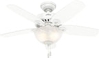 Hunter 42 inch Indoor Ceiling Fan with LED Light - White Ceiling Fan with Pull Chain, For Bedroom or Living Room, Standard Mount, No Remote, 5 Blades, Includes Bulbs - Builder 52217, Snow White