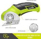 SnapFresh Cordless Electric Scissors, 4V Electric Mini Box Cutter, Carpet & Cardboard Cutter Tool with a Replacement Blade/Charger, Rotary Cutter for Cardboard Packages Leather Plastic （Green）