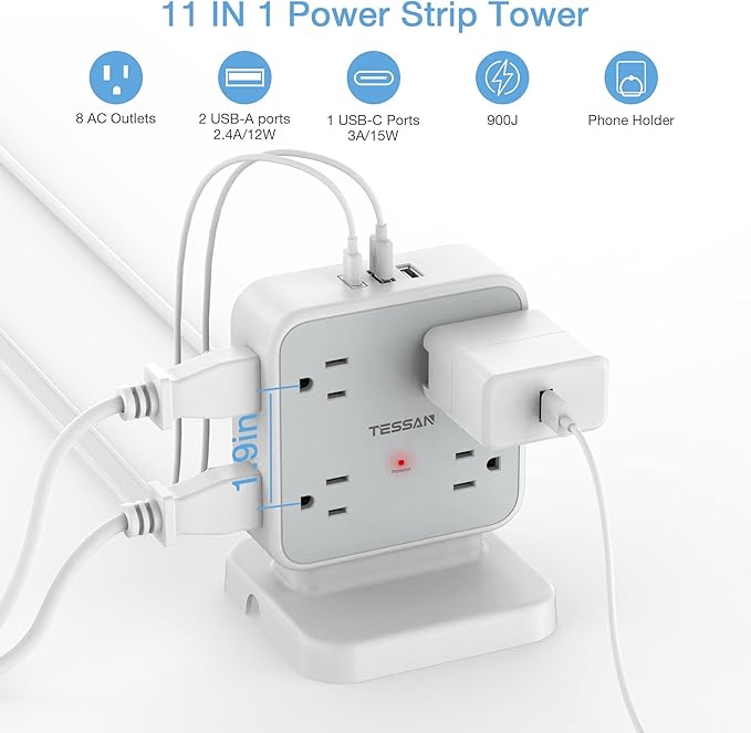TESSAN Surge Protector Power Strip, 5 Ft Flat Plug Extension Cord with 3 USB (1 USB C) 8 Outlets, 1250W, 900J Protection, 3 Sided Outlet Extender with Base for Office, Dorm Room, Grey