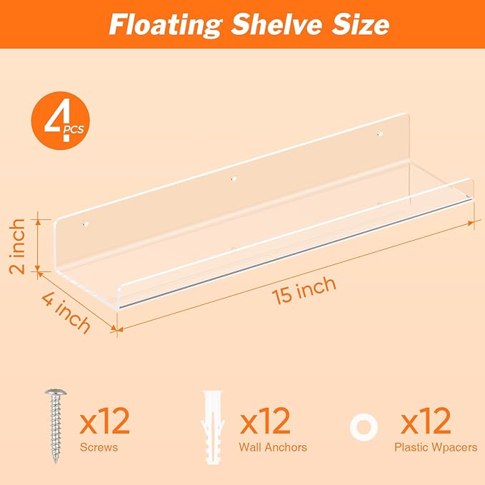 4 Pack Floating Shelves for Wall, 15" Clear Book Shelf, Acrylic Floating Wall Shelf, Display Shelves Organizer for Bathroom, Classroom, Bedroom, Living Room, Kitchen, Room Decor