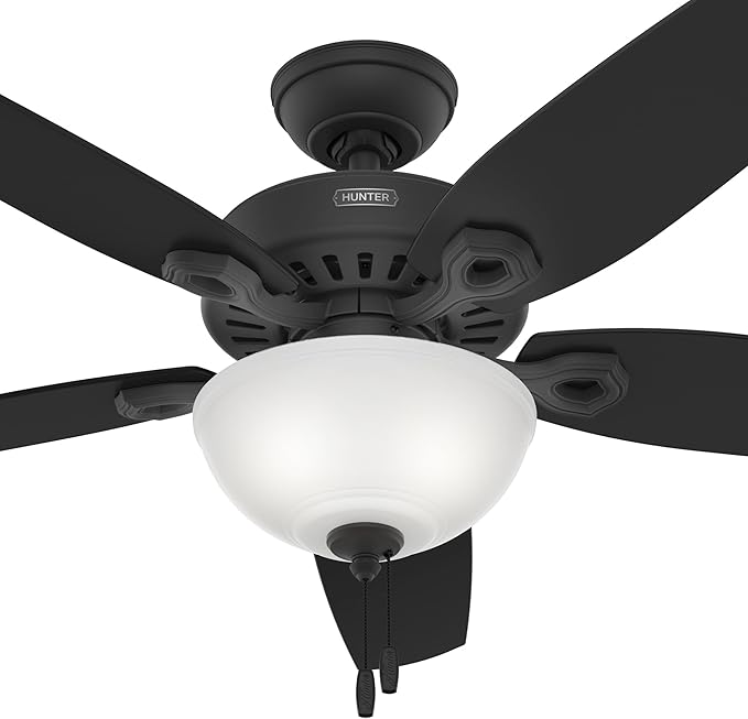 Hunter 52 inch Indoor Ceiling Fan with LED Light - Black Ceiling Fan with Pull Chain, For Bedroom or Living Room, Standard Mount, No Remote, 5 Blades, Includes Bulbs- Builder Deluxe 52386, Matte Black
