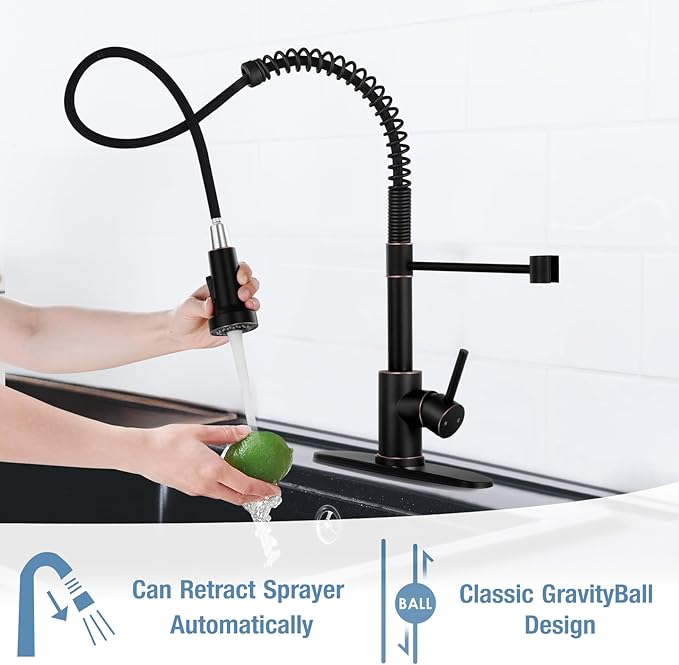 DJS Kitchen Faucets with Pull Down Sprayer Oil Rubbed Brozone -Single Handle 1 or 3 Holes Spring Kitchen Sink Faucet with Deck Plate for Farmhouse RV Vessel Basin