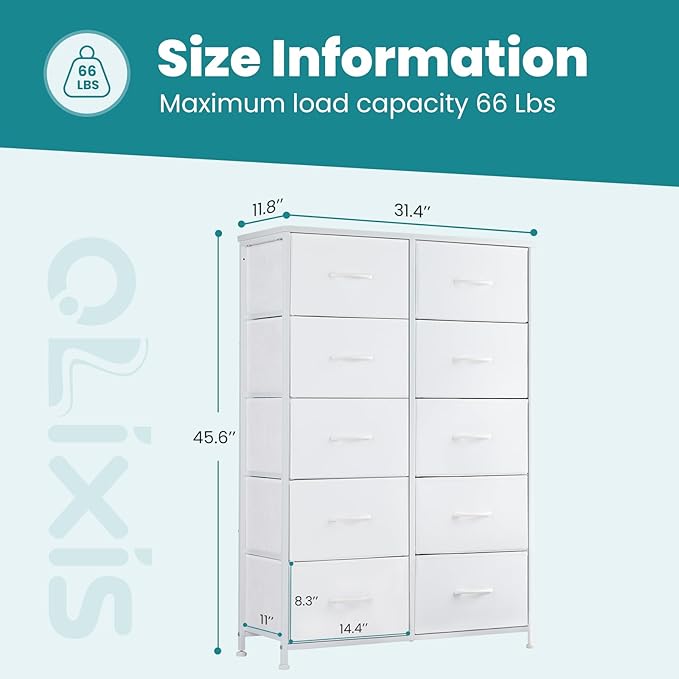 Dresser for Bedroom with 10 Drawers, Anti-Tip Tall Fabric Chests Storage Organizer Tower Furniture with Wooden Top Metal Frame for Clothes, Closet, Living Room, Hallway, Entryway