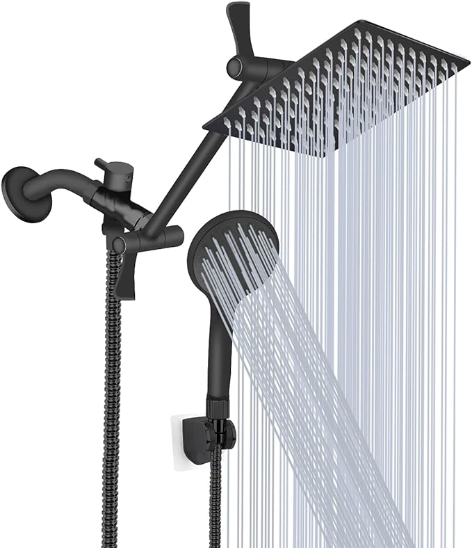 Shower Head, 8‘’ High Pressure Rainfall Shower Head/Handheld Shower Combo with 11'' Extension Arm, 9 Settings Anti-leak Shower Head with Holder, Height/Angle Adjustable, Matte Black