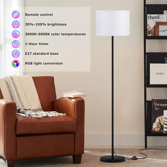 Ambimall Floor Lamp for Living Room with Smart Light Bulb, RGB + Stepless Dimmable Colors Temperature & Brightness(White Shade & Black Pole)