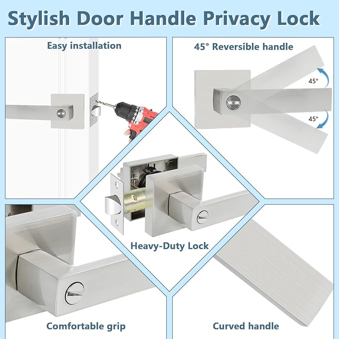 KAMOTA Privacy Door Levers, 5 Pack Satin Nickel Door Handles Bed and Bath Door Locks Interior Keyless Locksets, Left and Right Hand Reversible