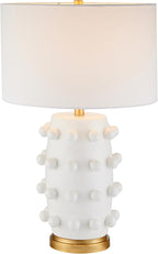 Henn&Hart 25.5'' Modern 1-Light Ceramic Table Lamp with Spherical Orbs on Lamp Body with White Fabric Drum Shade for Living Room, Bedroom, or Office, Matte White