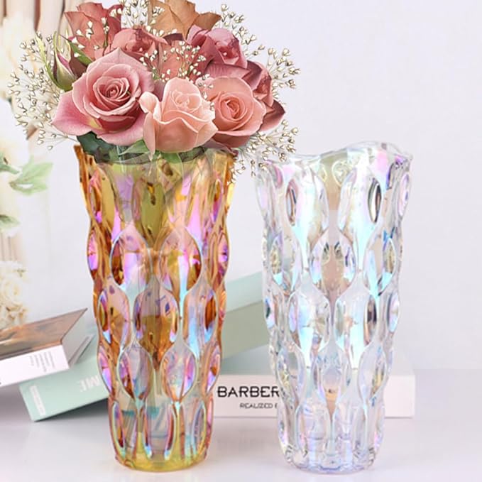 Flower Glass Vase Thick 3.5lb 9.5inch Sparkle vase Bohemian Style, for Centerpieces,Kitchen,Office, Living Room,Wedding,Perfect Home Decor Glass Vase (Sparkle Amber)