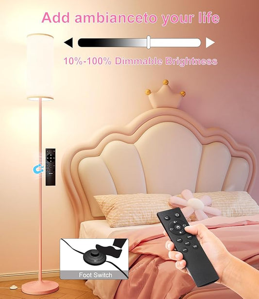 luckystyle LED Floor Lamp for Living Room, Dimmable Tall Lamps with Foot Switch,Remote Custom Color Temperature Pink Pole Lamp with Lampshade,12W Led Bulb Standing Lamps for Bedroom Office Kid Room