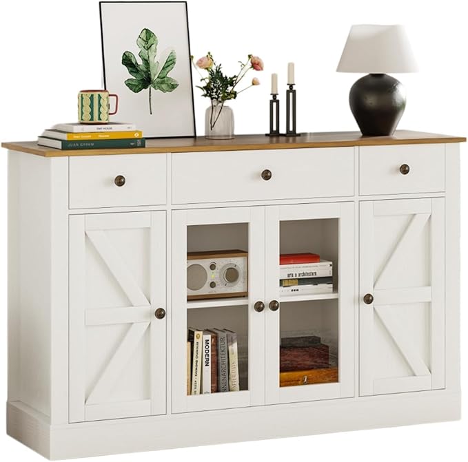 4 EVER WINNER 55" Buffet Cabinet with Storage, Farmhouse Coffee Bar Cabinet with Glass Doors and Drawers, Sideboard Cabinets with Adjustable Shelves for Living Room, Kitchen, White