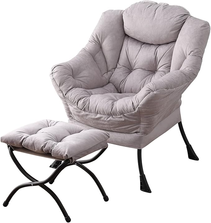 Welnow Lazy Chair with Ottoman, Modern Accent Chair with Armrests and a Side Pocket, Leisure Sofa Armchair, Reading Armchair with Footrest for Small Space, Light Grey