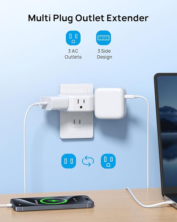TROND 2 Prong to 3 Prong Outlet Adapter, 3-Way Angled Plug Extender with 3 AC Sockets, Wall Splitter for Non-Grounded Outlets in Old House, Cruise Essentials, White